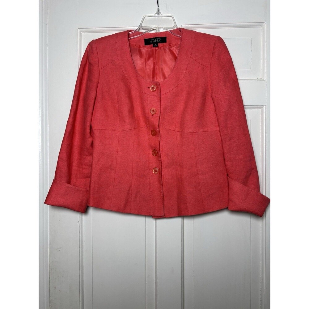 Kasper Blazer Women’s 4 Open Front Apricot Coral Linen Cuffed Slv Lined Business